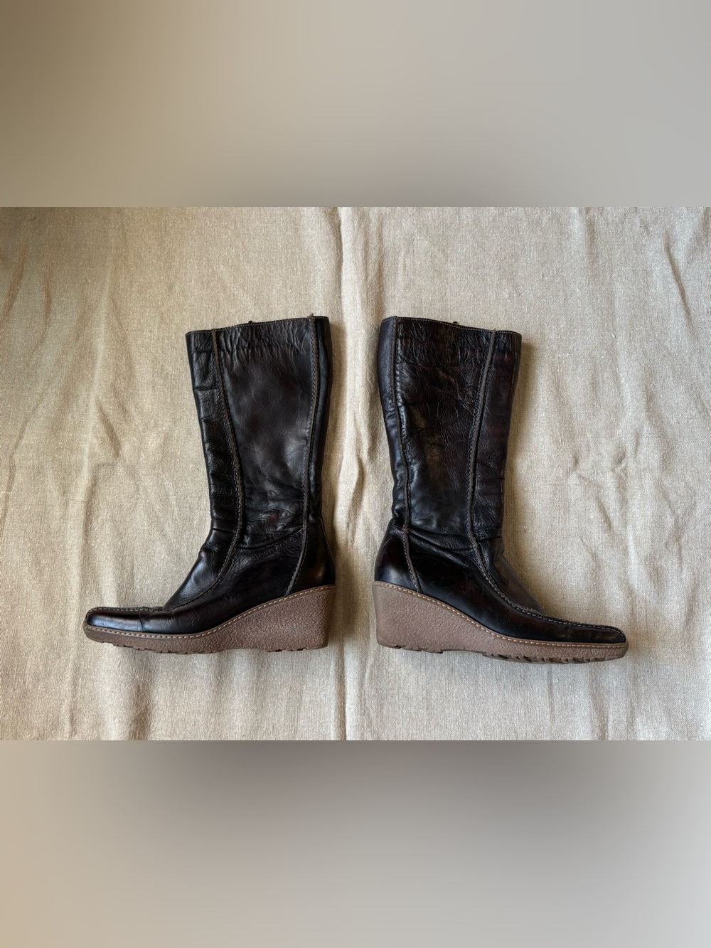 Vintage Women's Dark Brown Leather Wedge Boots